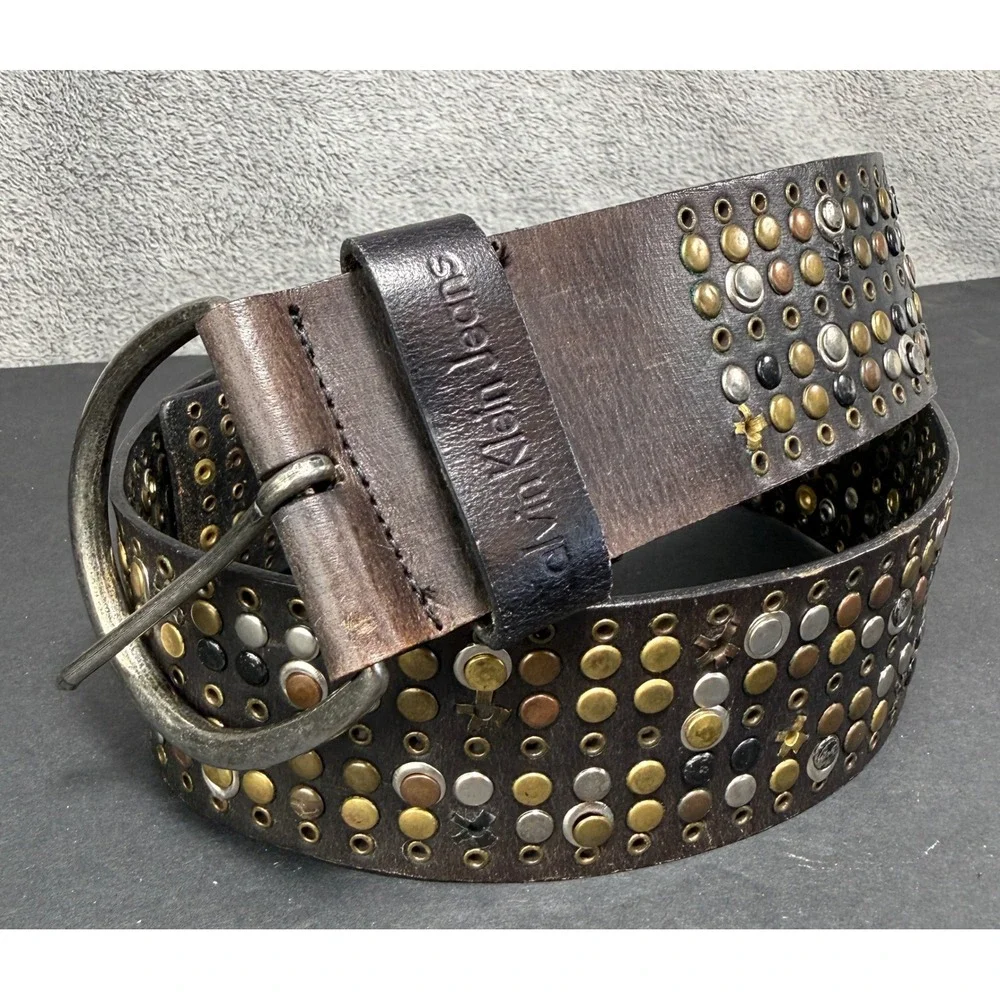 Calvin Klein Jeans Studded Belt Womens M Brown Leather Mixed Metal Wide Boho